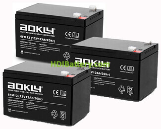 Kit 3 Bateras de plomo AGM 6FM12 Aokly Power 36V 12Ah