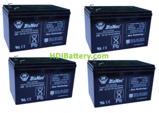 Kit 4 bateras AGM 12 Voltios 12 Amperios DiaMec DM12-12 (151 x 99 x 95 mm)