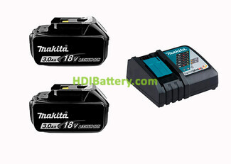 Pack 2 bateras Litio-Ion BL1830 Makita 18V 3Ah + Cargador DC18RC